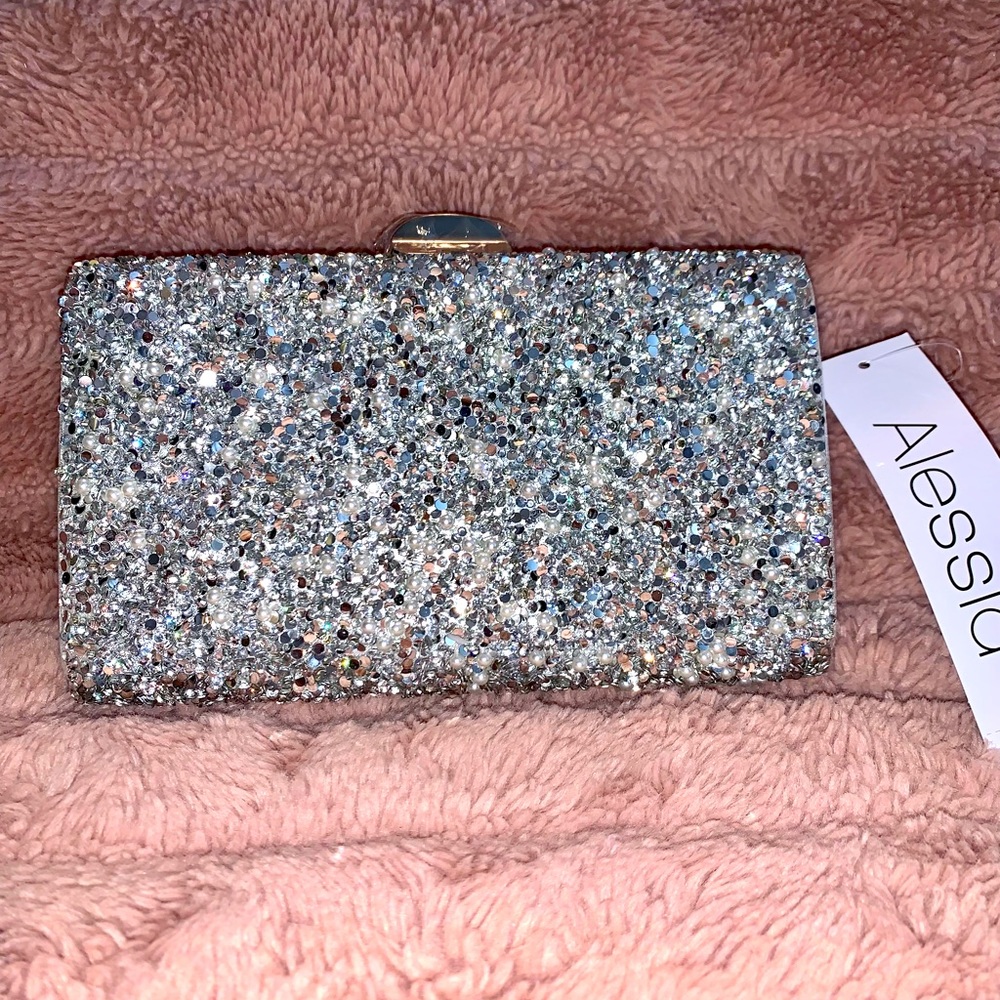 Alessia White Sequin & Pearl Clutch